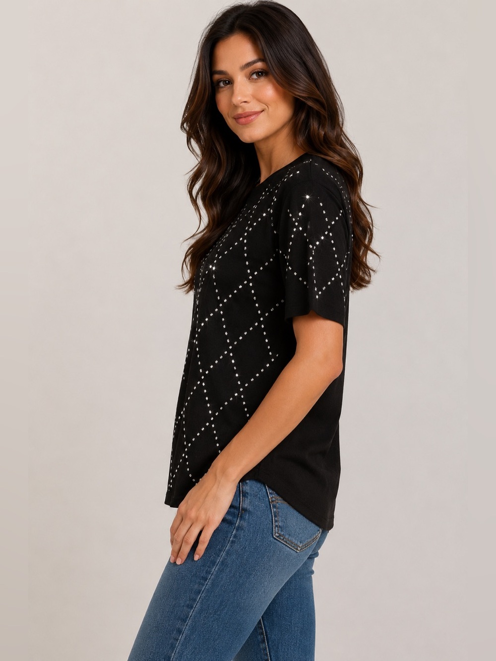 Black Rhinestone Diamond-Pattern Tee - Picture 3 of 5